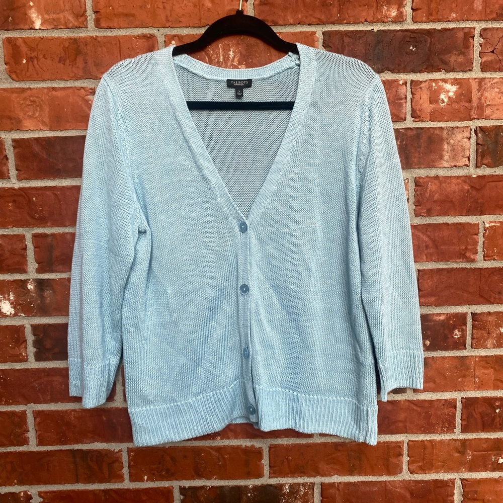 Talbots Womens Large Linen Blue Crochet Vneck Cardigan